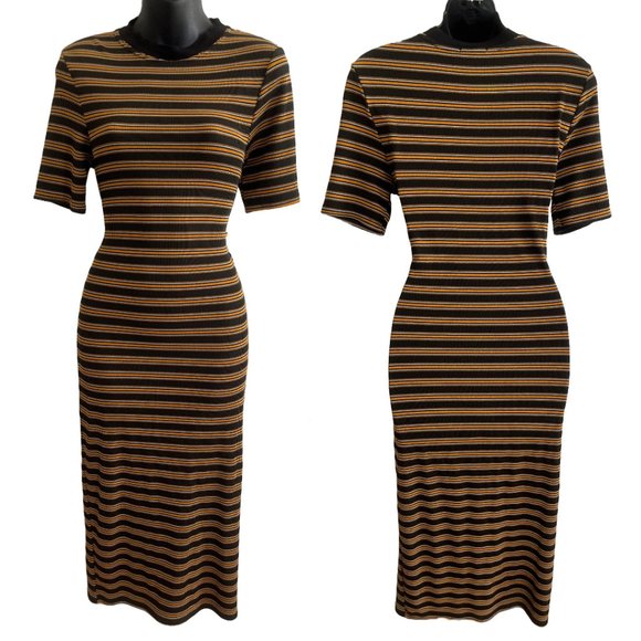 BOOHOO STRIPE RIB SHORT SLEEVE BODYCON MIDI DRESS - Picture 4 of 7